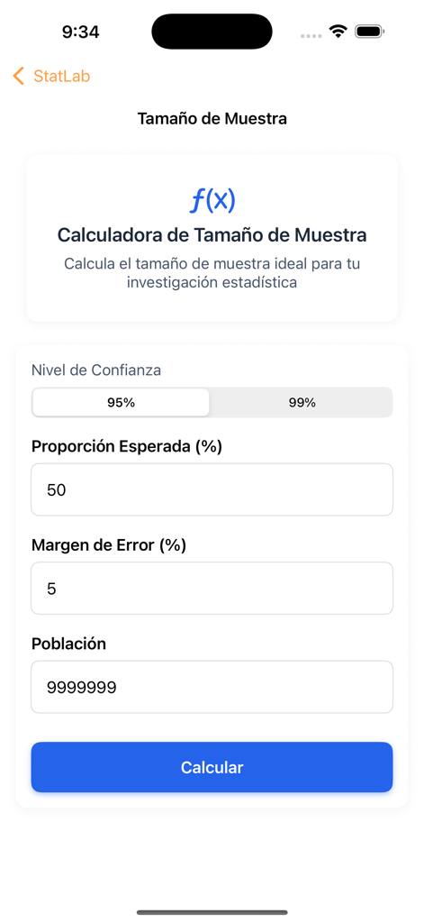 StatLab - Interfaz de la aplicación StatLab para calcular el tamaño de muestra estadístico con campos de entrada para el nivel de confianza y el margen de error.