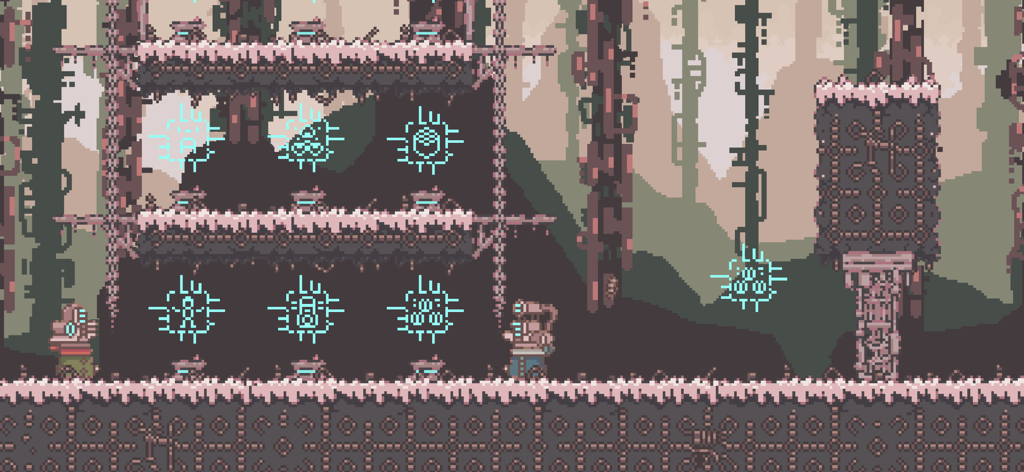 A side-scrolling pixel art level from BOKURA showing two small robots and glowing cyan geometric symbols in a mechanical landscape