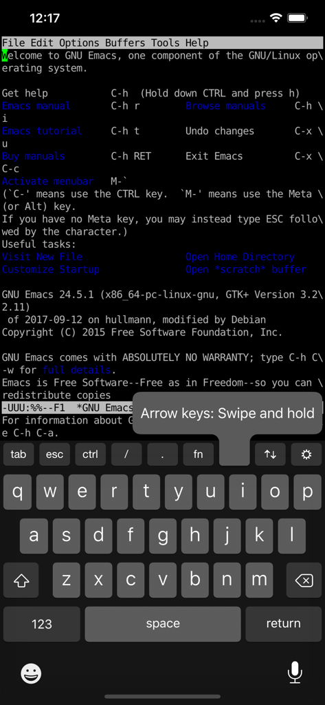 Shelly - SSH Client - Shelly SSH client terminal interface showing GNU Emacs and a gesture hint for arrow keys