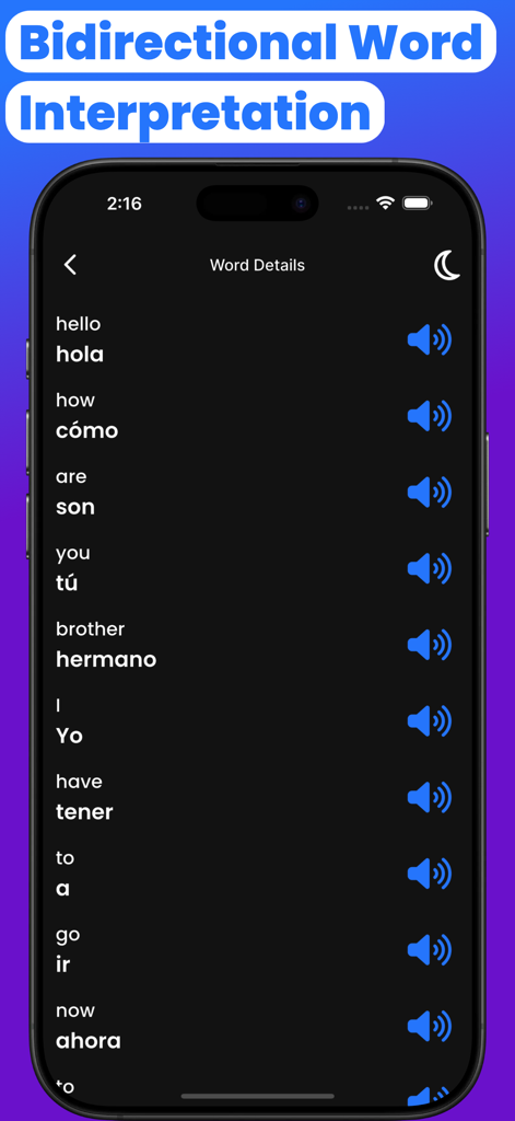 Screenshot of the Mexican-English Translator app showing a list of common words translated between English and Mexican Spanish with audio playback icons in dark mode interface.