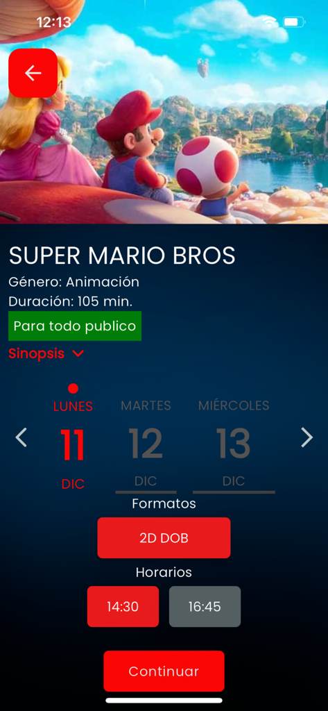 Cine Center Bolivia - Movie details and showtime selection screen for Super Mario Bros on Cine Center Bolivia app