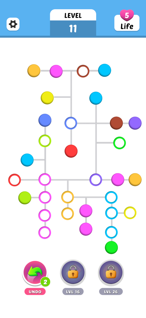 Color Dots! - Color Dots mobile puzzle game level 11 showing various colored circles and empty slots on a white background with connection lines