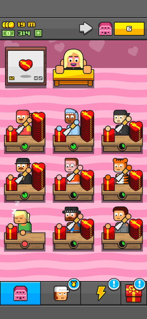 Factory management gameplay in Make More showing workers assembling heart gift boxes under a boss supervision