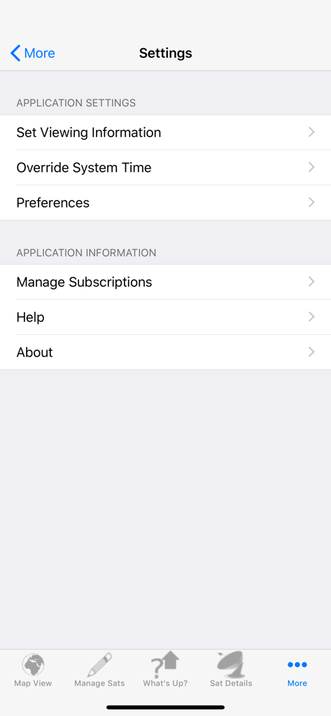 Satellite Tracker - Settings screen of the Satellite Tracker app showing viewing information and subscription management options