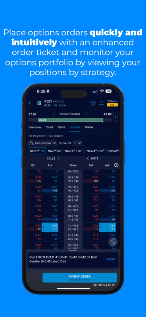 TradeStation - Trade & Invest - TradeStation mobile app options trading interface showing order ticket and strategy selection