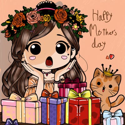 girl with flowers crown with a cat and a surprise to look on her face with a bunch of presents and she is opening them