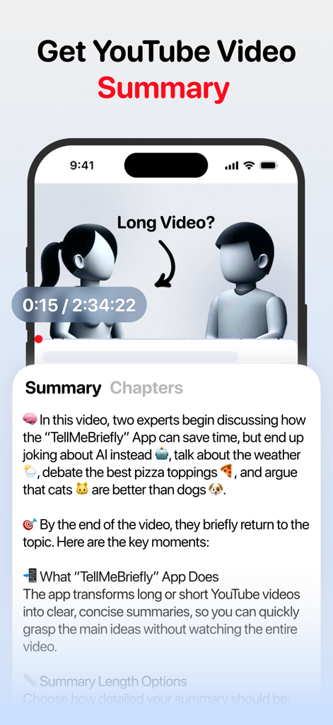 TellMeBriefly 앱이 긴 YouTube 동영상의 간결한 AI 생성 요약을 표시하는 인터페이스 스크린샷