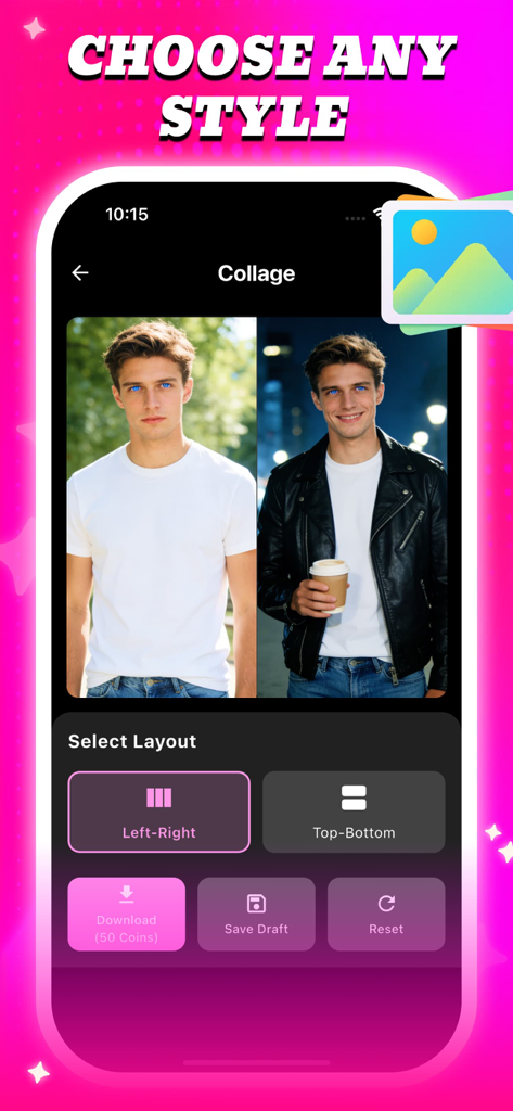 Bevo - - Interfaz de la aplicación Bevo mostrando una selección de diseño de collage de fotos lado a lado con opciones de edición como guardar borrador y descargar