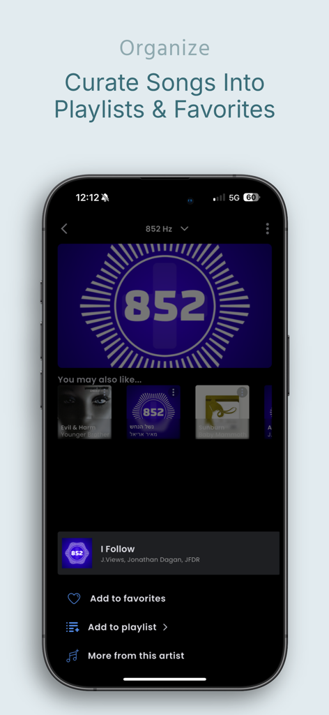 852 Player Plus - Tela de smartphone do aplicativo 852 Player Plus exibindo opções para organizar músicas em playlists e favoritos.