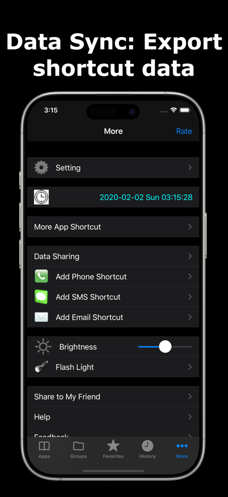 Settings menu of Shortcut Manager Pro showing data sync and communication shortcuts