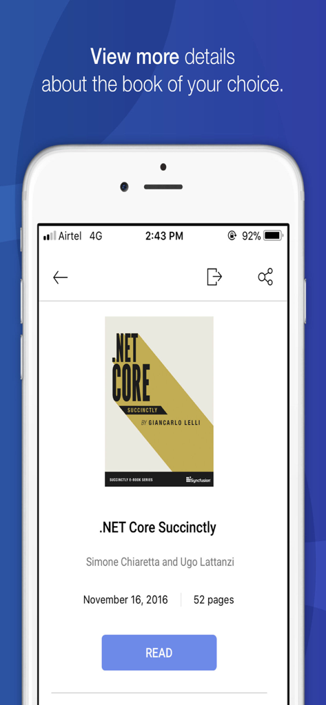 Detail view of the .NET Core Succinctly ebook in the Syncfusion app