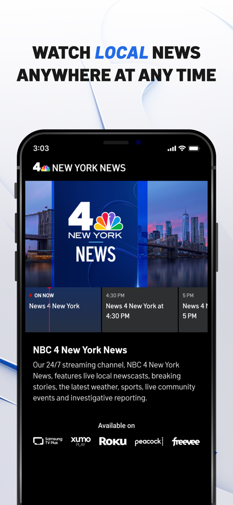 NBC 4 New York: News & Weather - Captura de pantalla de la aplicación NBC 4 New York que muestra su canal de noticias en vivo 24/7 y el horario de transmisión diario.