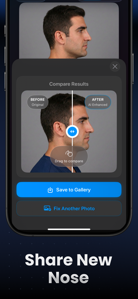 Nose Editor Fixer Reshape AI - A side-by-side comparison showing before and after AI nose reshaping results on a male profile