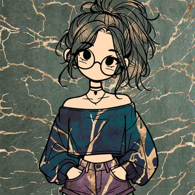 girl with a messy ponytail glasses a baggy crop top and jean shorts