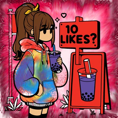 girl with oversized hoodie drinking boba and she has a high ponytail with a sign that says 10likes?