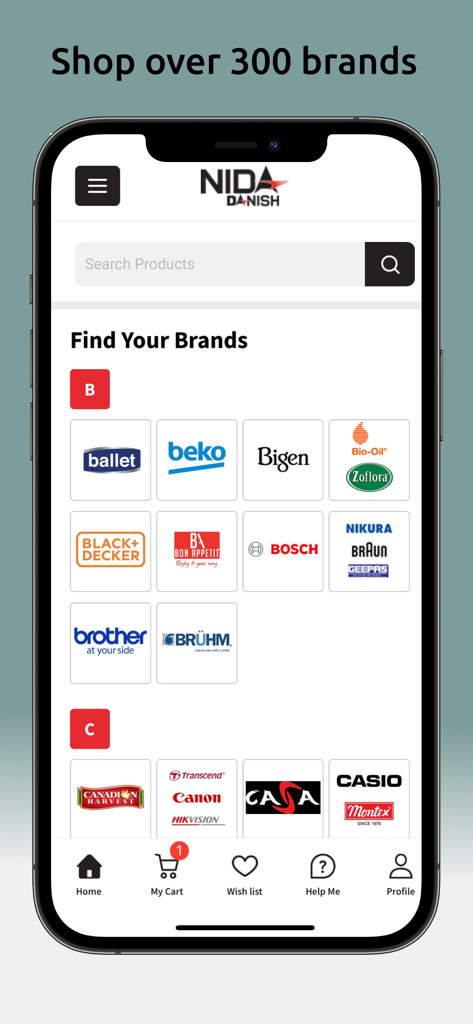 Nida & Danish - Mobile app screen showing a directory of popular global brands on the Nida and Danish shopping platform