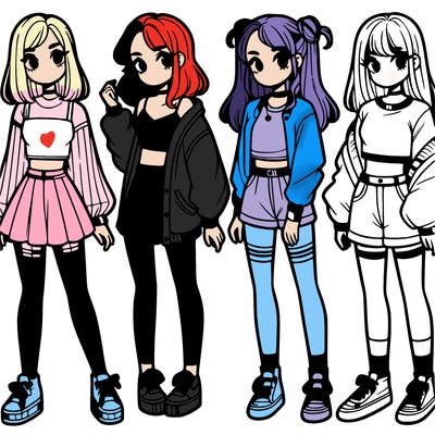 one girl with crop-top shirt and a jacket with a skirt, long socks and another girl with a shirt and pants with a jacket