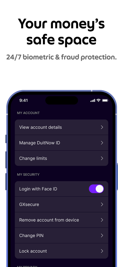 GXBank - GXBank mobile app security interface showing biometric login and account protection options