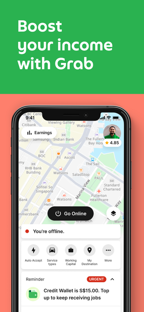 Grab Driver app interface showing a map and a headline that says boost your income with grab