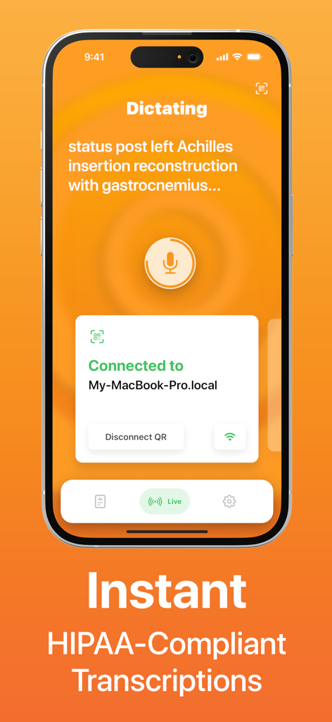 Conveyor AI - EMR Dictation - A smartphone showing the Conveyor AI app interface during a live medical dictation with a caption mentioning HIPAA-compliant transcriptions