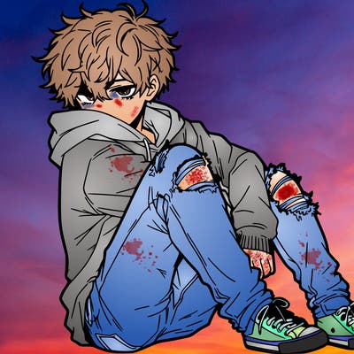 a male hoddie ripped jeans messy hair anime