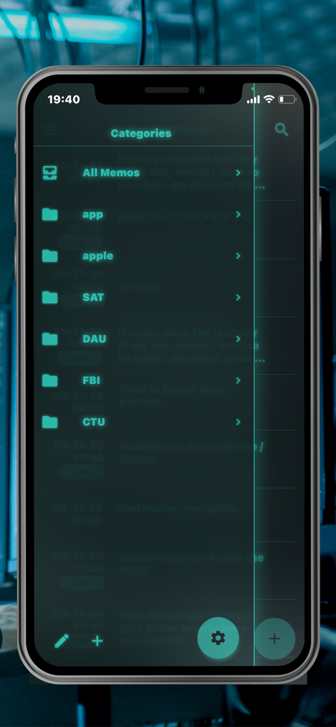 Categories menu in the Hacker Note app featuring a futuristic cyan sci-fi interface with folders named after tech and government agencies