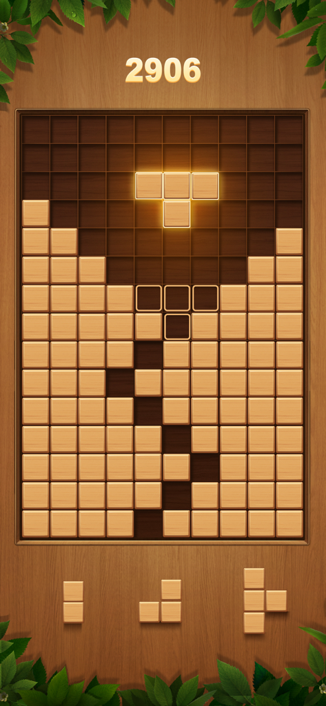 Wood Block Puzzle Games - 현재 점수 2906점을 보여주는 다양한 조각이 있는 그리드를 보여주는 나무 블록 퍼즐 게임 플레이