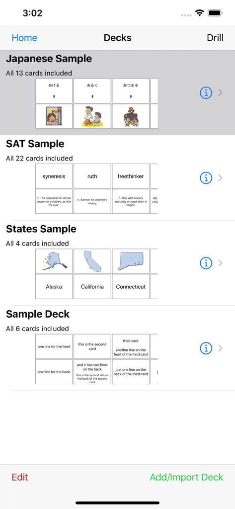 Main interface of Simple Flash Card Maker showing various study decks including Japanese SAT and US States