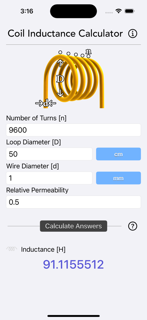 Interface utilisateur du Calculateur d'Inductance de Bobine montrant les champs de saisie pour les paramètres de la bobine et le résultat d'inductance calculé.