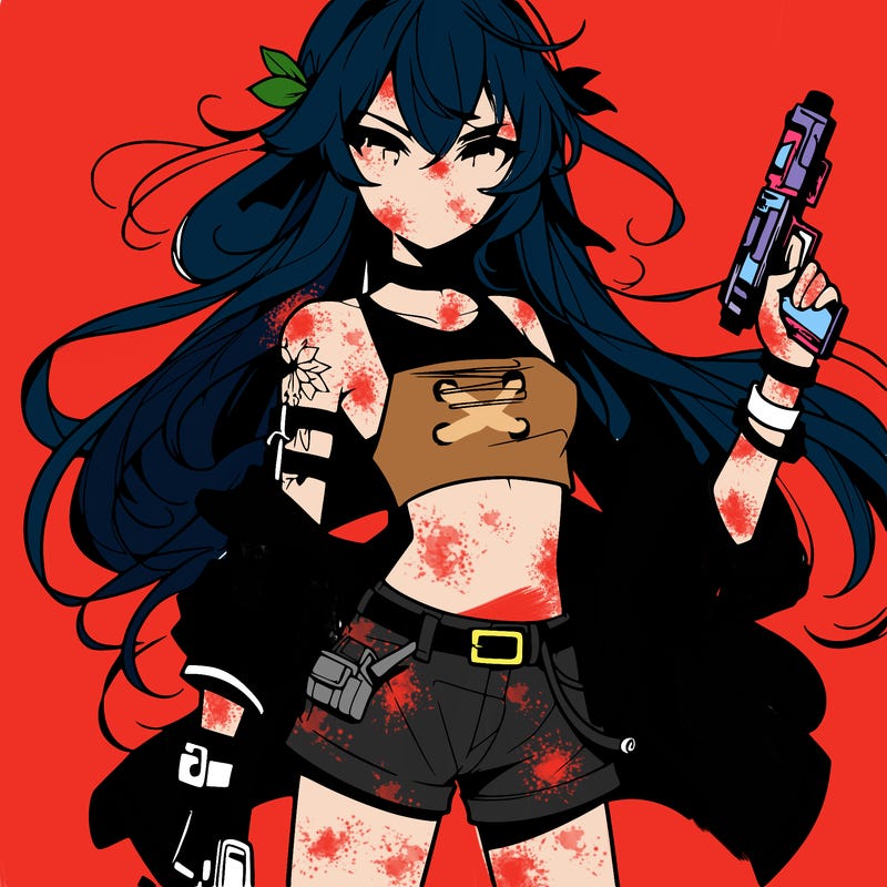 bad girl wearing crop top holding a gun long hair anime
