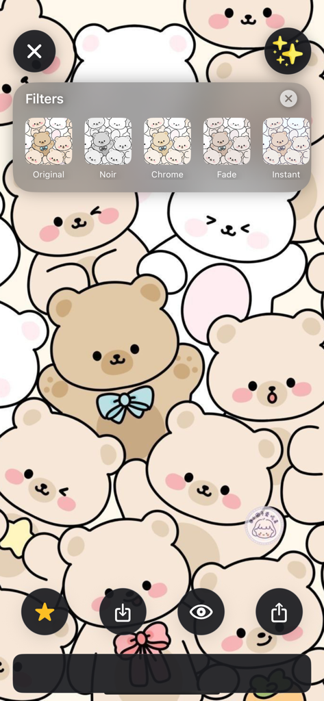 Kawaii Friends Wallpapers - Pantalla de la aplicación Fondos de Pantalla Kawaii Friends mostrando un patrón de ositos lindos y una selección de filtros de imagen