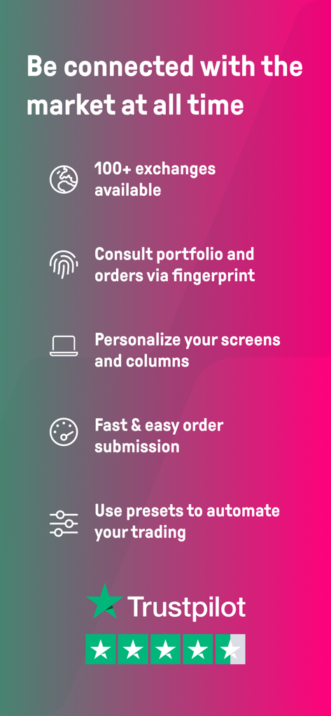 LYNX Trading - Marketing-Screen für LYNX Trading mit Hauptfunktionen wie Zugang zu über 100 Börsen, biometrischer Sicherheit und automatisierten Trading-Voreinstellungen mit einer Trustpilot-Bewertung.