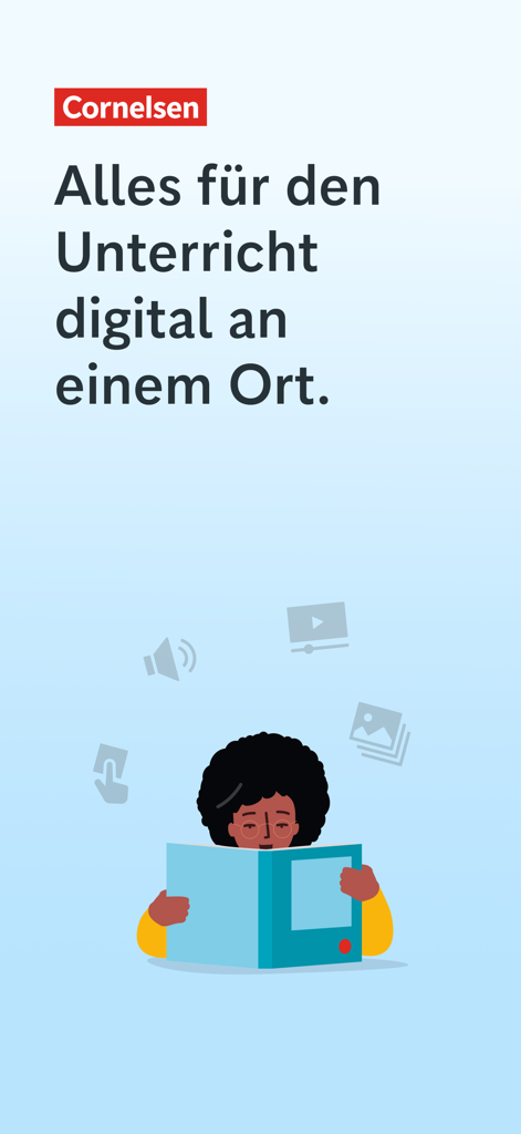 Cornelsen Lernen - Eine Illustration einer Schülerin, die ein digitales Buch in der Cornelsen Lernen App liest, umgeben von Icons für multimediales Lernen.