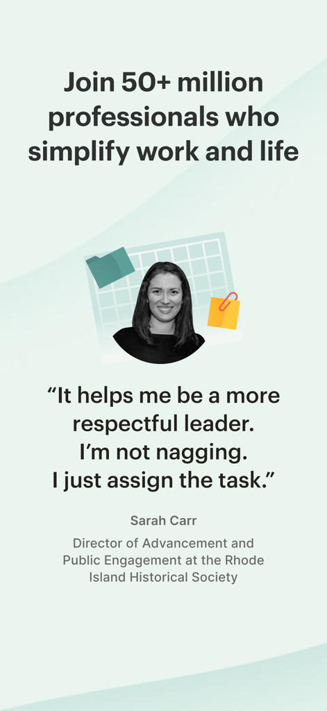 User testimonial from Sarah Carr about using Todoist for task delegation and leadership