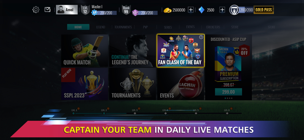 Sachin Saga Cricket Champions - Main menu of Sachin Saga Cricket Champions mobile game featuring various cricket game modes like Quick Match and Fan Clash of the Day