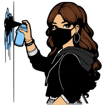realistic girl with mask spray painting a wall
