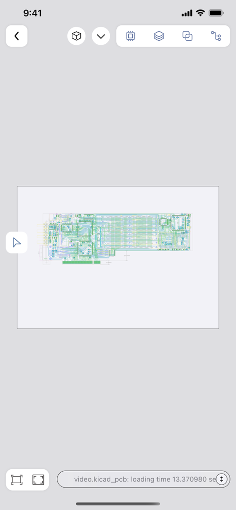 Eine detaillierte Leiterplattenlayoutansicht in der KiCAD PCB Viewer Mobilanwendung