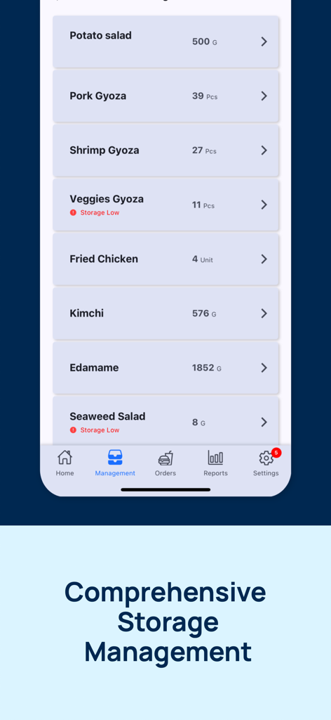 vOrder app storage management screen displaying stock levels and low inventory alerts for menu items