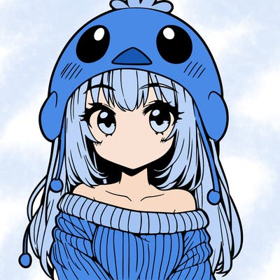 anime girl with chick shaped hat with sweater with bare shoulders with bangs covering them one eye with low tail