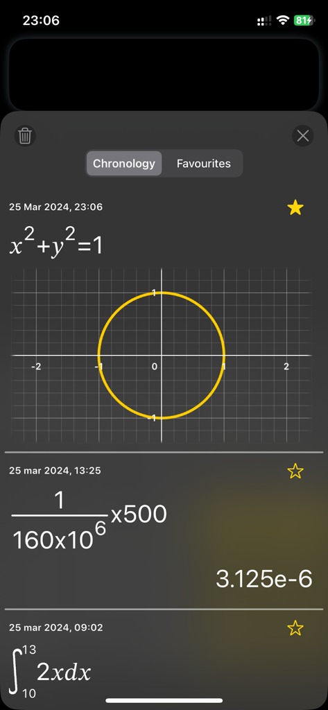 Capture d'écran de l'écran de chronologie de CalcMe Calculatrice montrant un graphique circulaire, des calculs de fractions en notation naturelle et une intégrale définie.