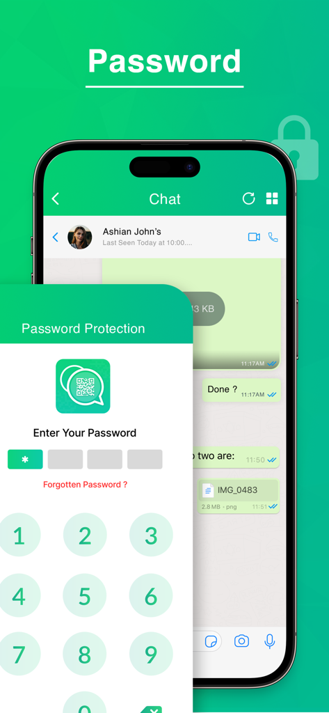 Dual Messenger 2025 - iPhone screen showing password protection feature for Dual Messenger 2025 app with numeric keypad overlay