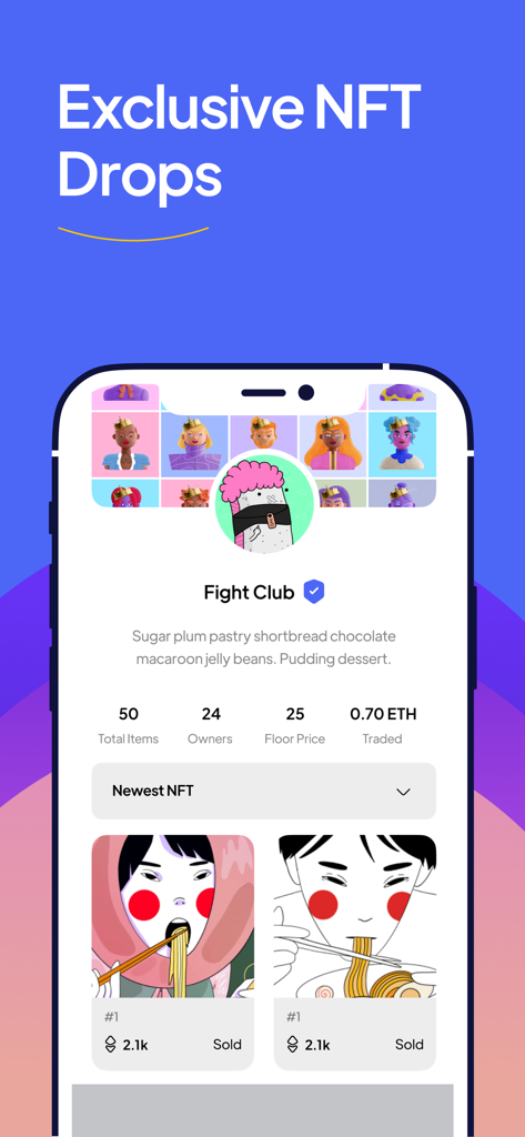 NFT Creator - Art Maker & Mint - Mobile interface of the NFT Creator app showing exclusive NFT collection drops