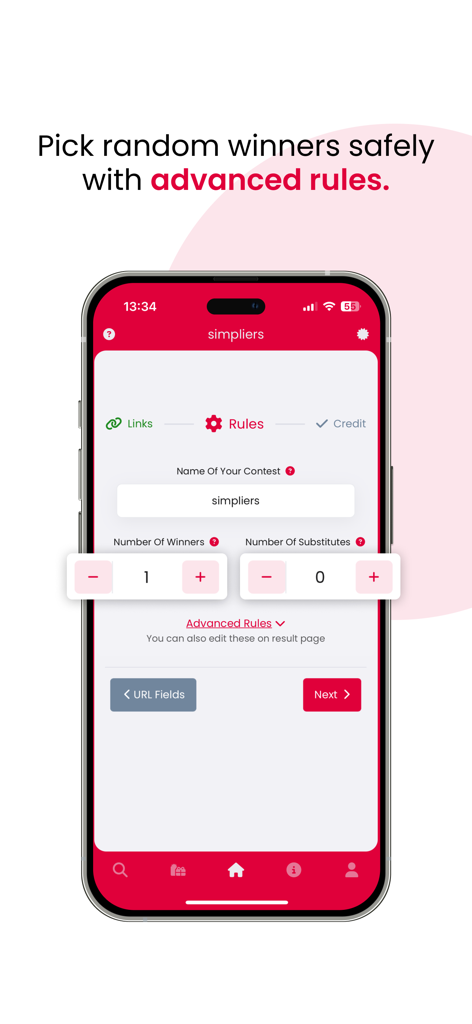 Simpliers - Giveaway Picker - Simpliersアプリのインターフェース、当選者数や代替当選者の設定オプションが表示されています
