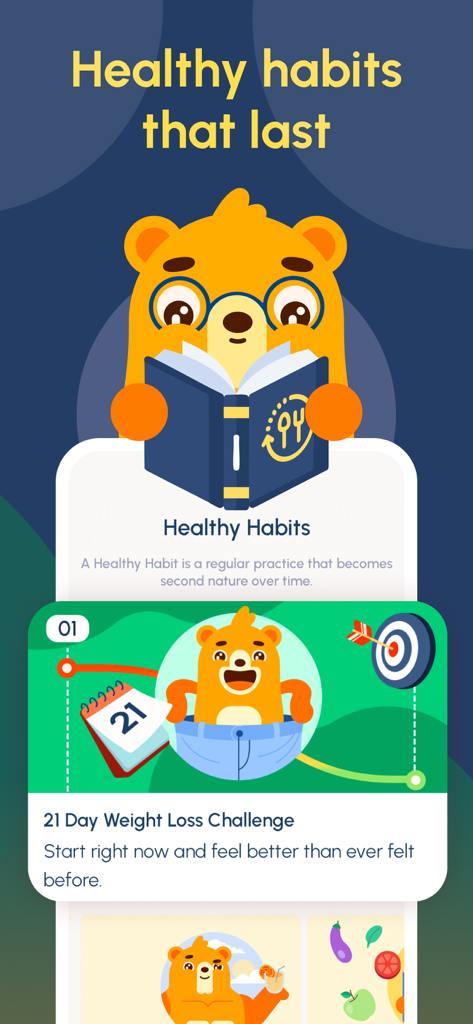Fastic app screen promoting healthy habits and a twenty-one day weight loss challenge featuring a bear mascot.