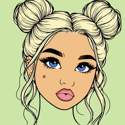 realistic girl with two buns on her hair and lips