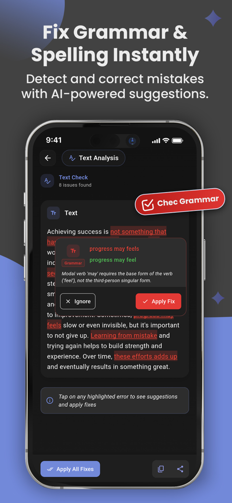 AI Paraphraser: Rephrase App - Un iPhone que muestra la aplicación AI Paraphraser corrigiendo errores gramaticales y de ortografía con sugerencias impulsadas por IA en modo oscuro