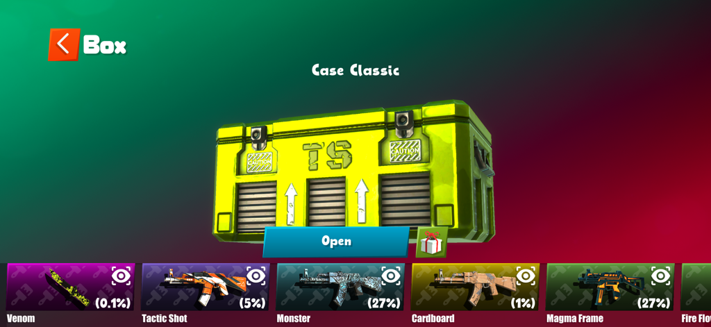 Tactic Shot: FPS Pixel Shooter - Weapon skin loot box screen in Tactic Shot FPS Pixel Shooter showing a green case and potential rewards with drop percentages