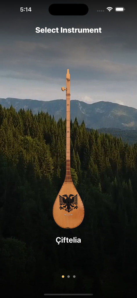 Tingalin (Çifteli and Lahuta) - The Ciftelia instrument selection screen in the Tingalin music app featuring a mountain background.