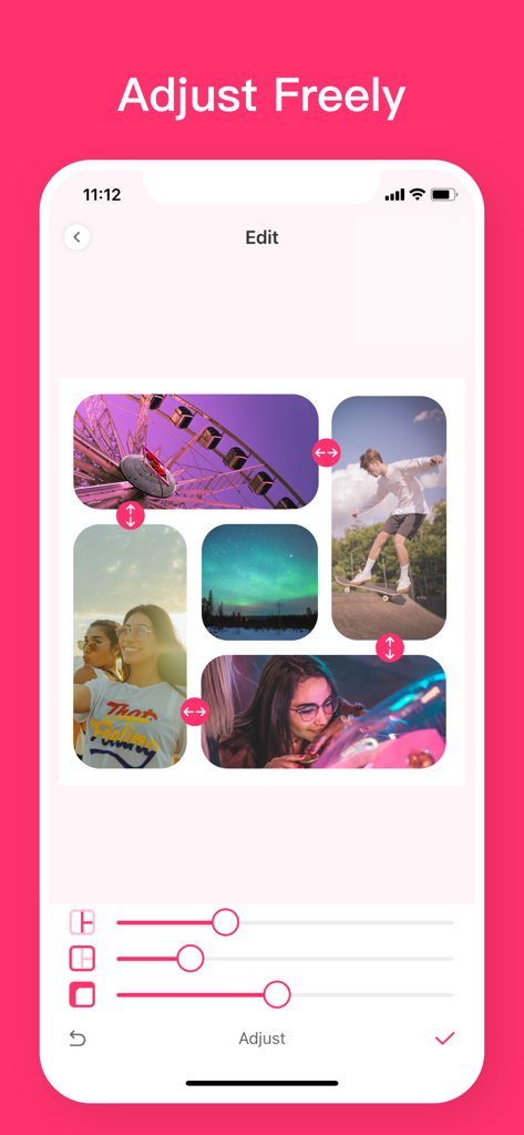 Video Collage App - VidGridアプリの編集画面。複数のフレームのビデオコラージュとレイアウト調整ツールが表示されている。