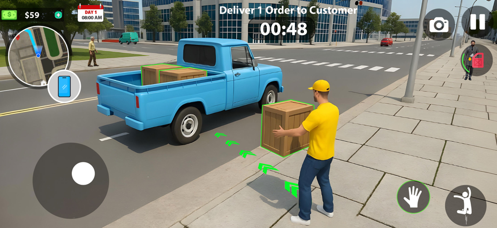 Courier Delivery Simulator - A courier in a yellow shirt carrying a wooden crate towards a blue pickup truck in a city street